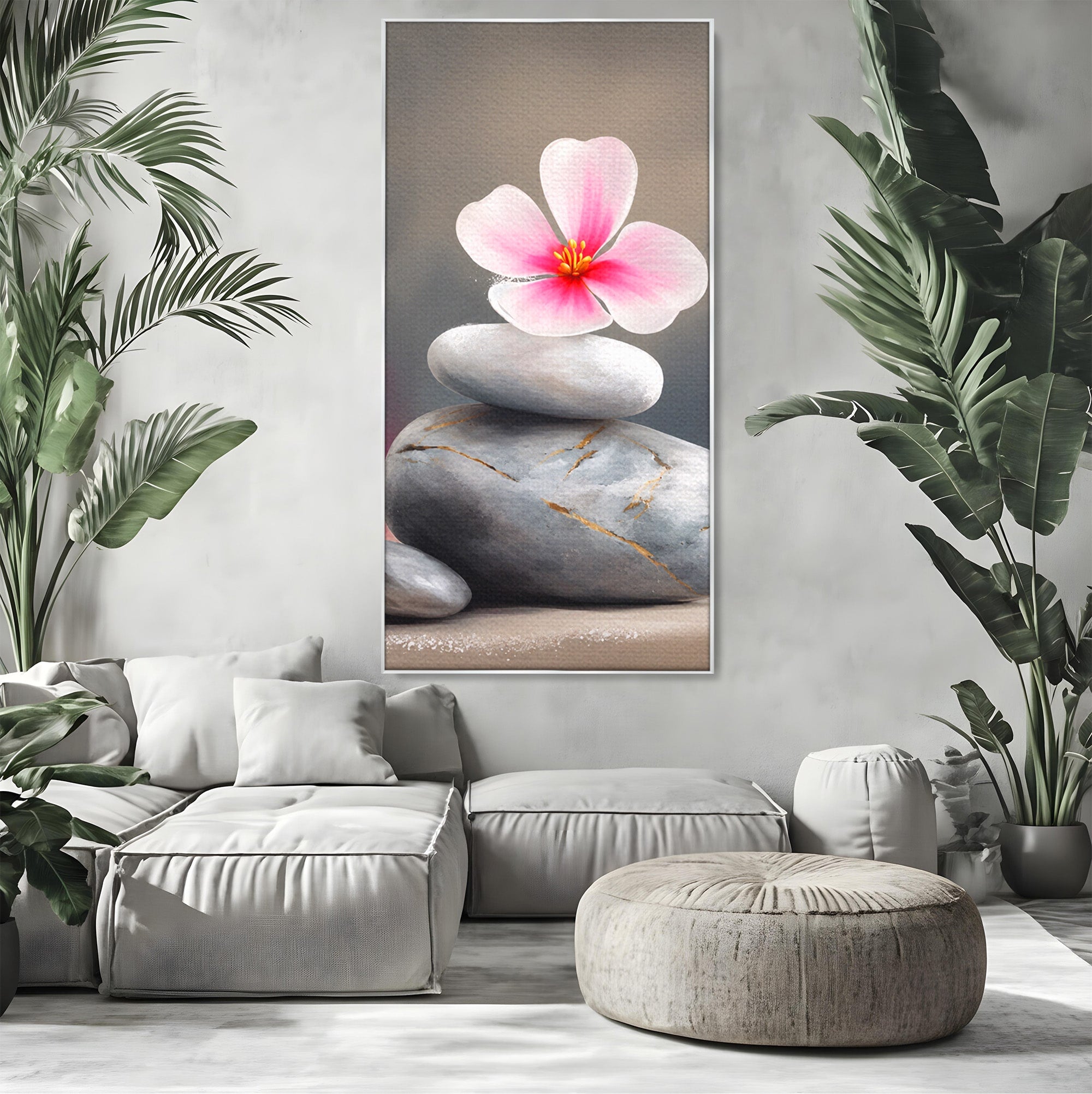 Tablou Canvas Premium LuxCanva® C1173, Floare De Cires Pe Pietre, Floare, Pietre, Zen, Armonie, Meditatie, Dormitor, Living, Culori Vibrante