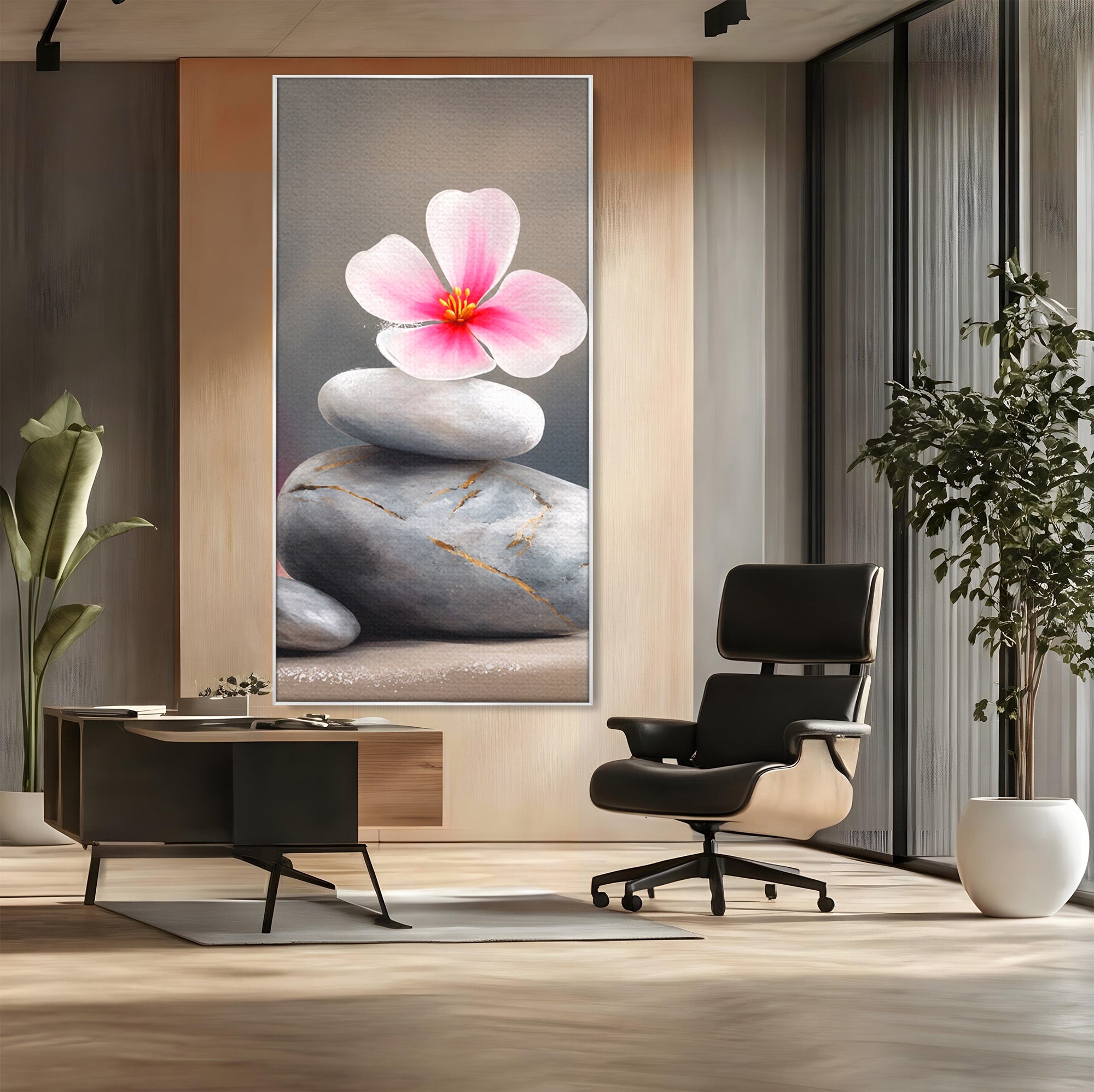 Tablou Canvas Premium LuxCanva® C1173, Floare De Cires Pe Pietre, Floare, Pietre, Zen, Armonie, Meditatie, Dormitor, Living, Culori Vibrante