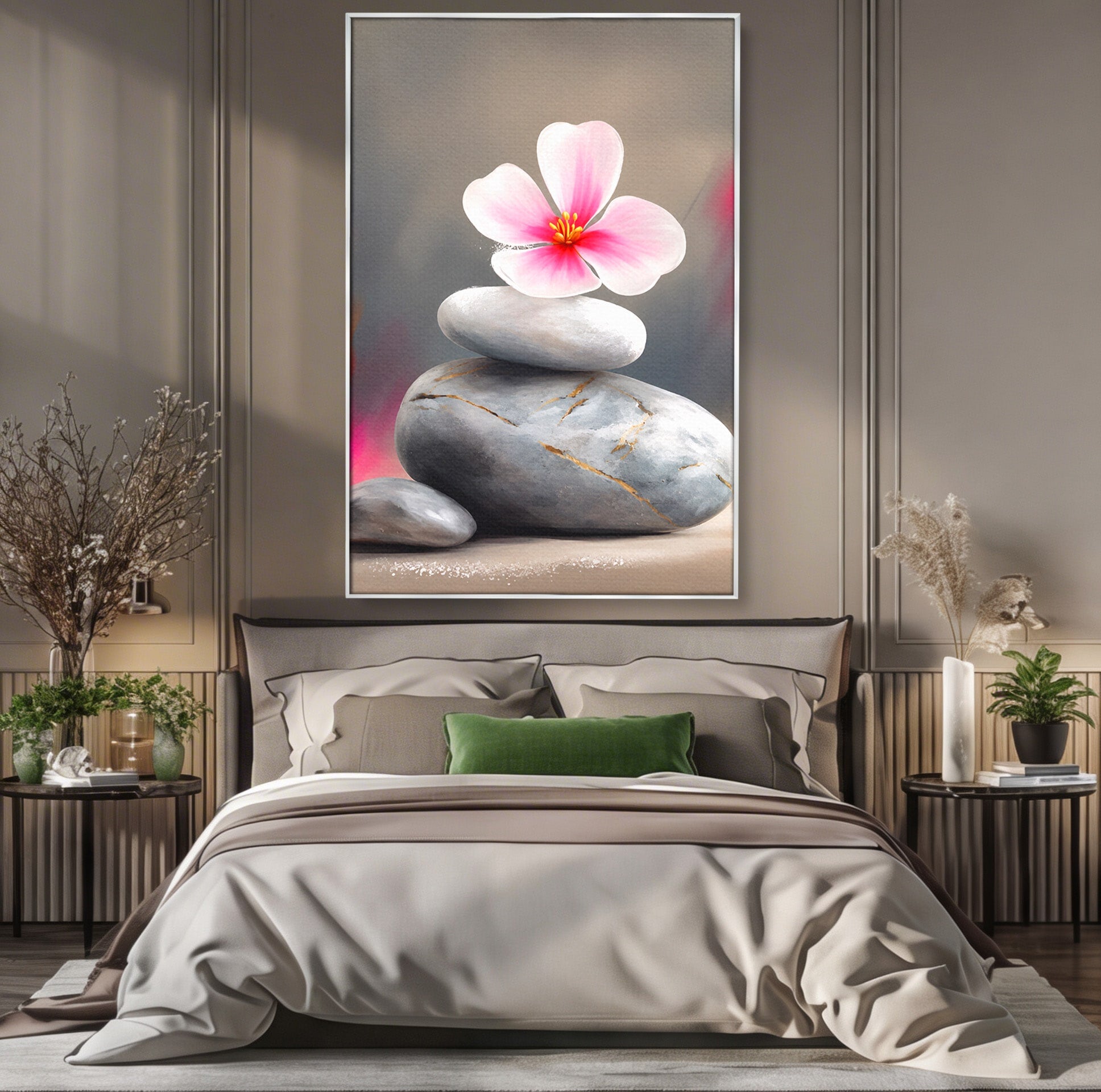 Tablou Canvas Premium LuxCanva® C1173, Floare De Cires Pe Pietre, Floare, Pietre, Zen, Armonie, Meditatie, Dormitor, Living, Culori Vibrante