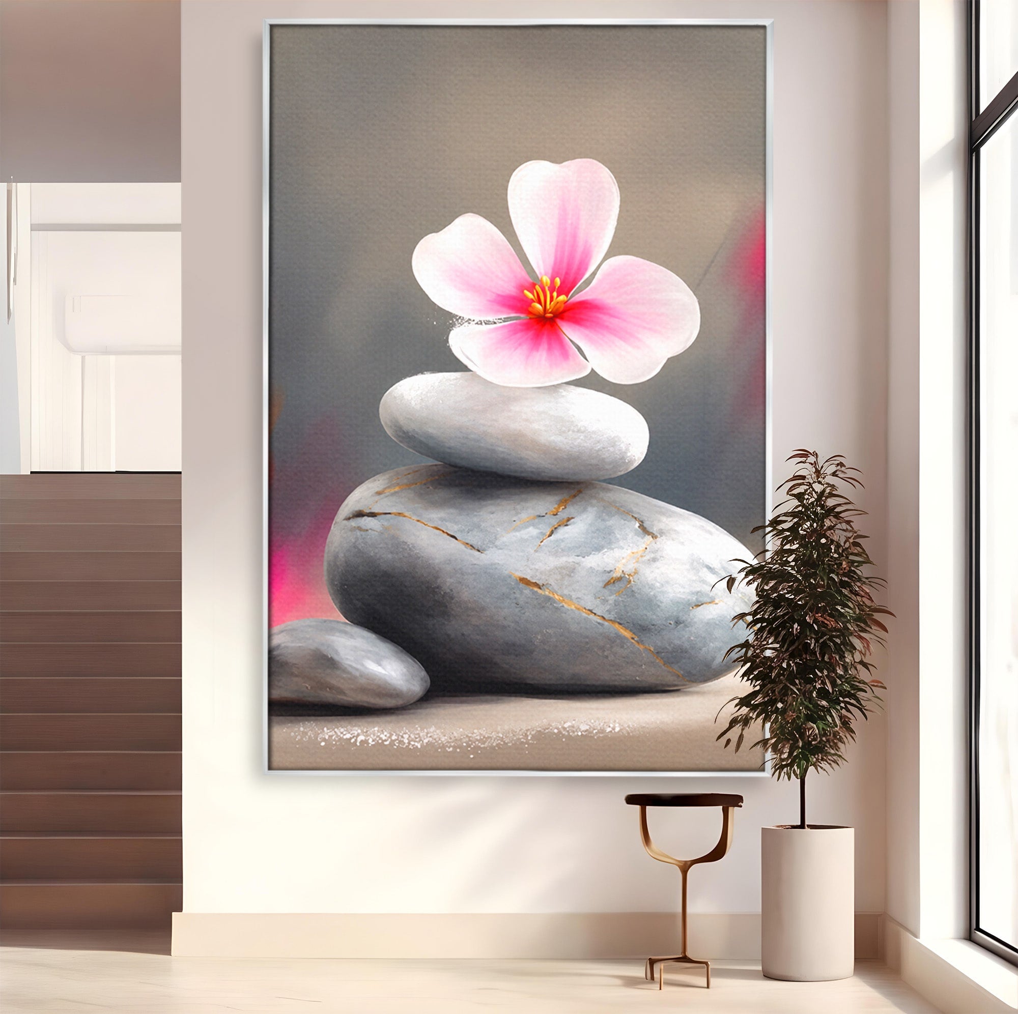 Tablou Canvas Premium LuxCanva® C1173, Floare De Cires Pe Pietre, Floare, Pietre, Zen, Armonie, Meditatie, Dormitor, Living, Culori Vibrante