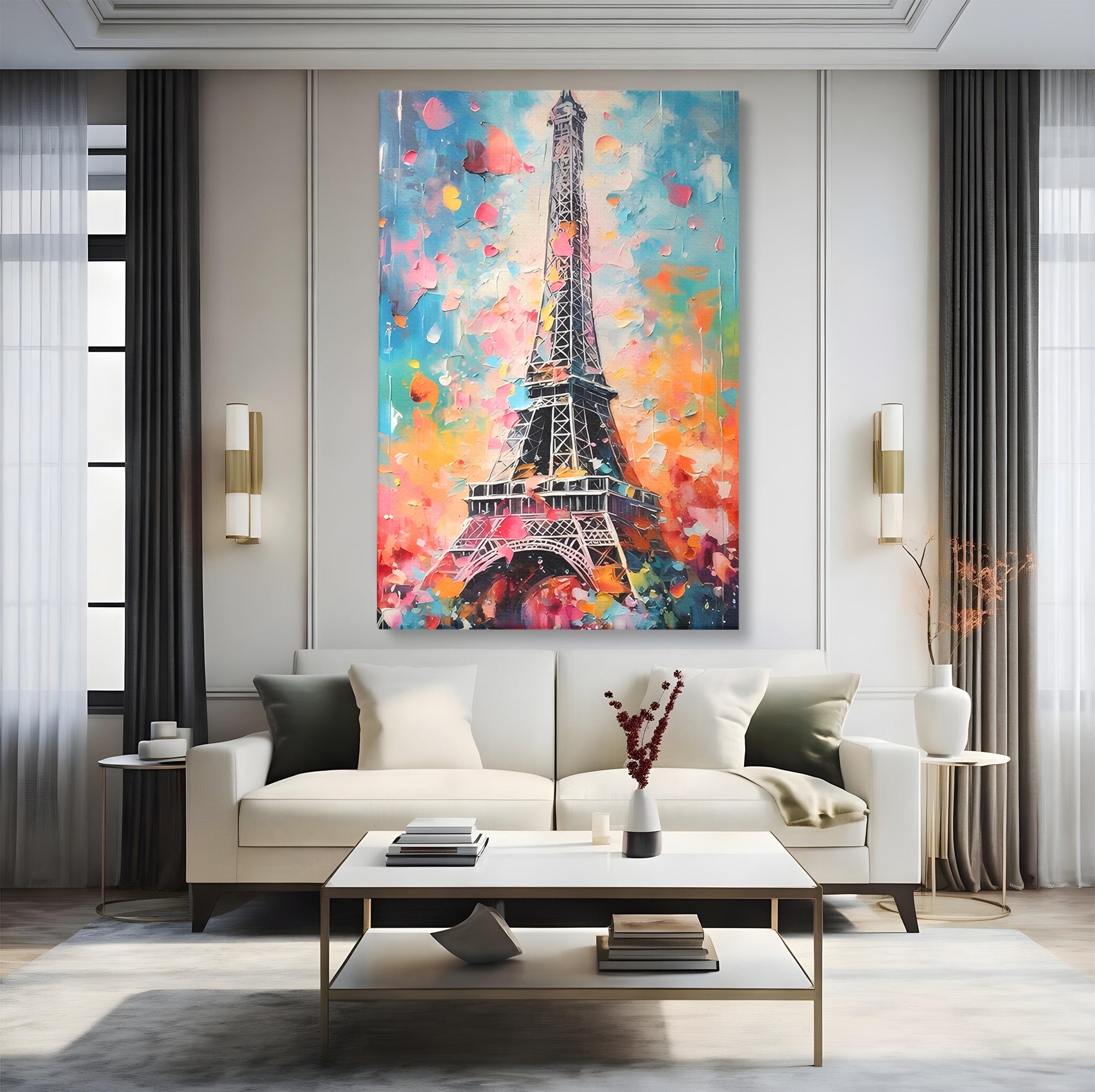 Tablou Canvas Premium LuxCanva® C1175, Turnul Eiffel Primavaratic, Turnul Eiffel, Primavara, Paris, Flori, Living, Culori Vibrante