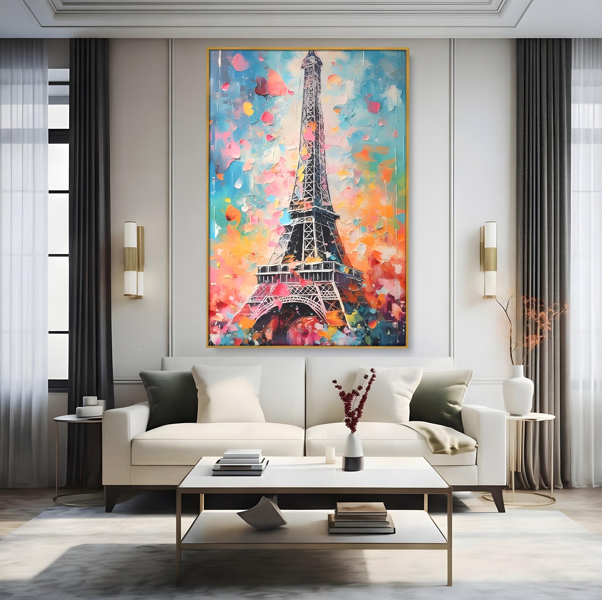 Tablou Canvas Premium LuxCanva® C1175, Turnul Eiffel Primavaratic, Turnul Eiffel, Primavara, Paris, Flori, Living, Culori Vibrante