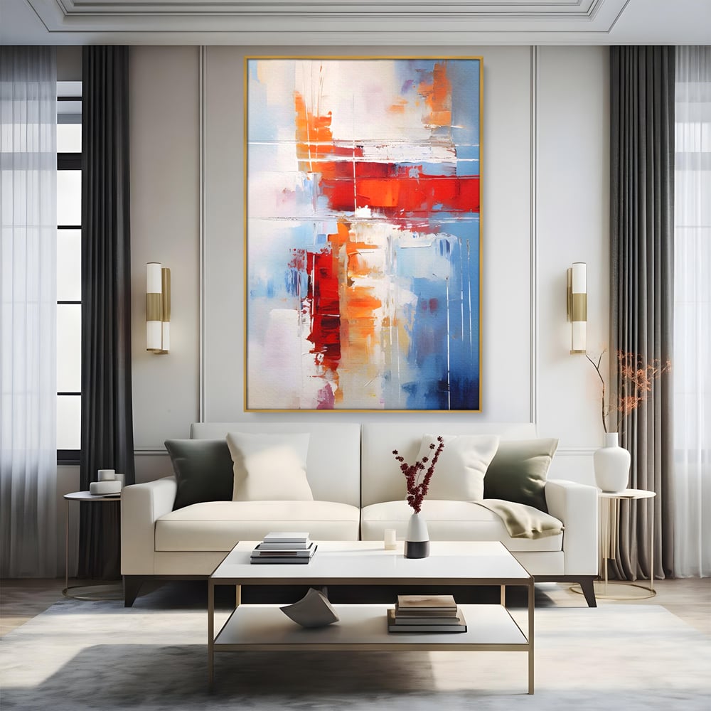 LuxCanva Premium-Leinwandkunst® C1200, Abstrakte blaue und rote Malerei, entspannend, Wohnzimmer, lebendige Farben