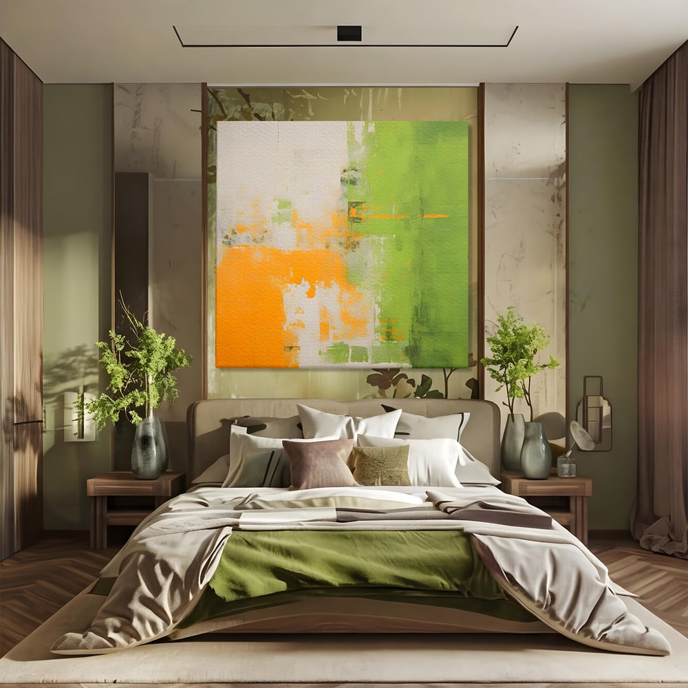 Leinwand Premium Canvas Wandkunst LuxCanva® C1201, Abstrakte Orange und Grüne Farbe , Farben, Dekorativ, Wohnzimmer, Lebendige Farben