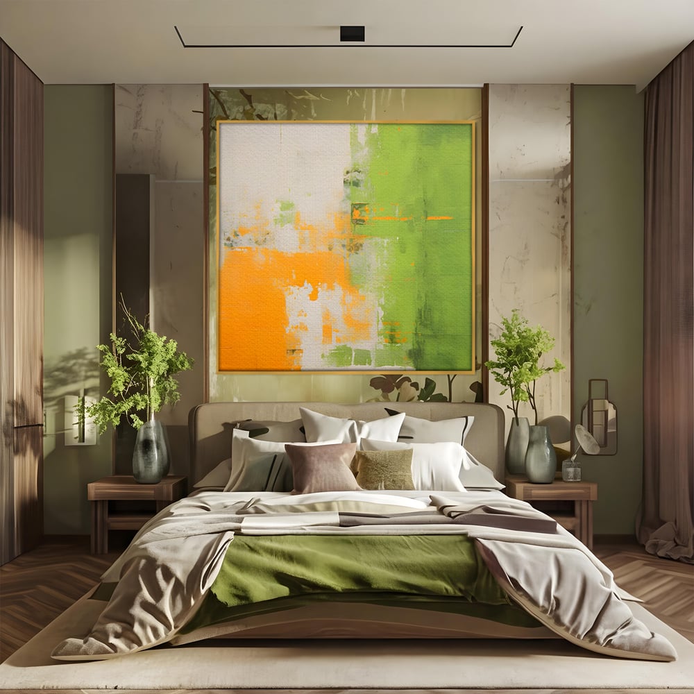 Leinwand Premium Canvas Wandkunst LuxCanva® C1201, Abstrakte Orange und Grüne Farbe , Farben, Dekorativ, Wohnzimmer, Lebendige Farben