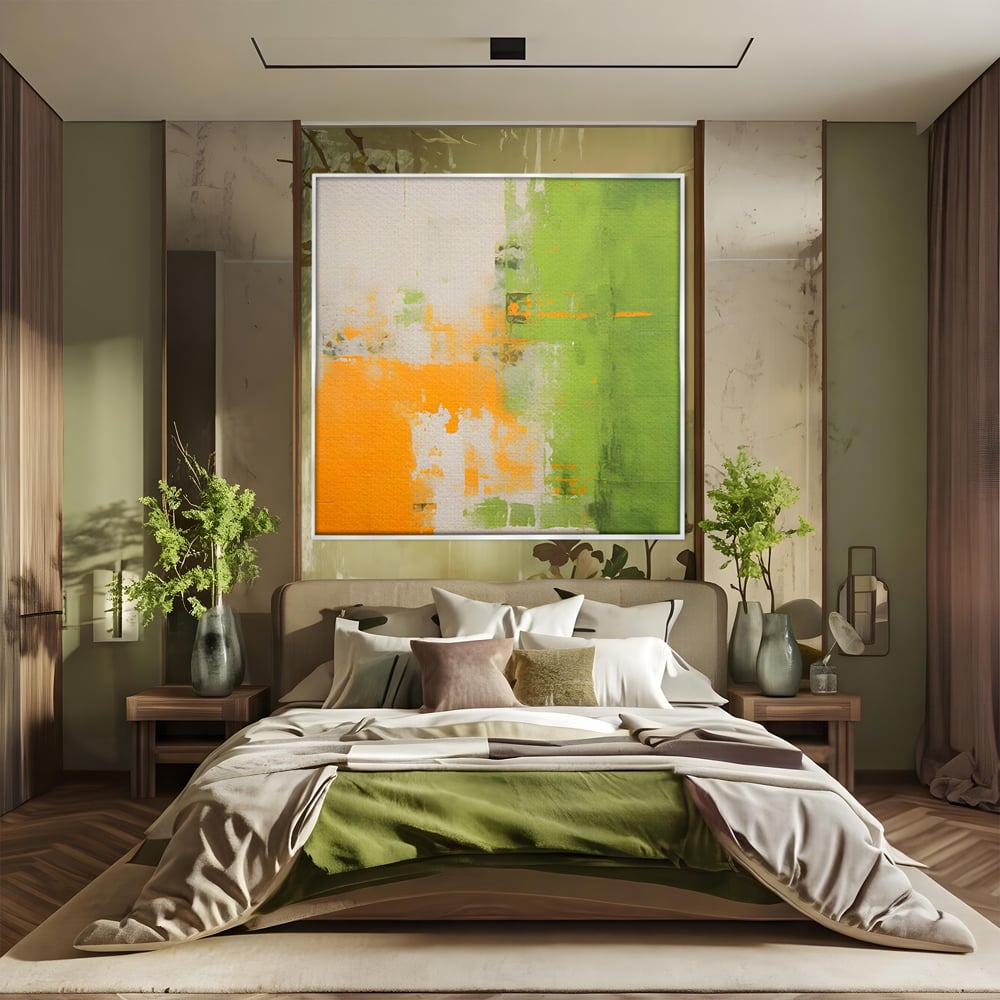 Leinwand Premium Canvas Wandkunst LuxCanva® C1201, Abstrakte Orange und Grüne Farbe , Farben, Dekorativ, Wohnzimmer, Lebendige Farben