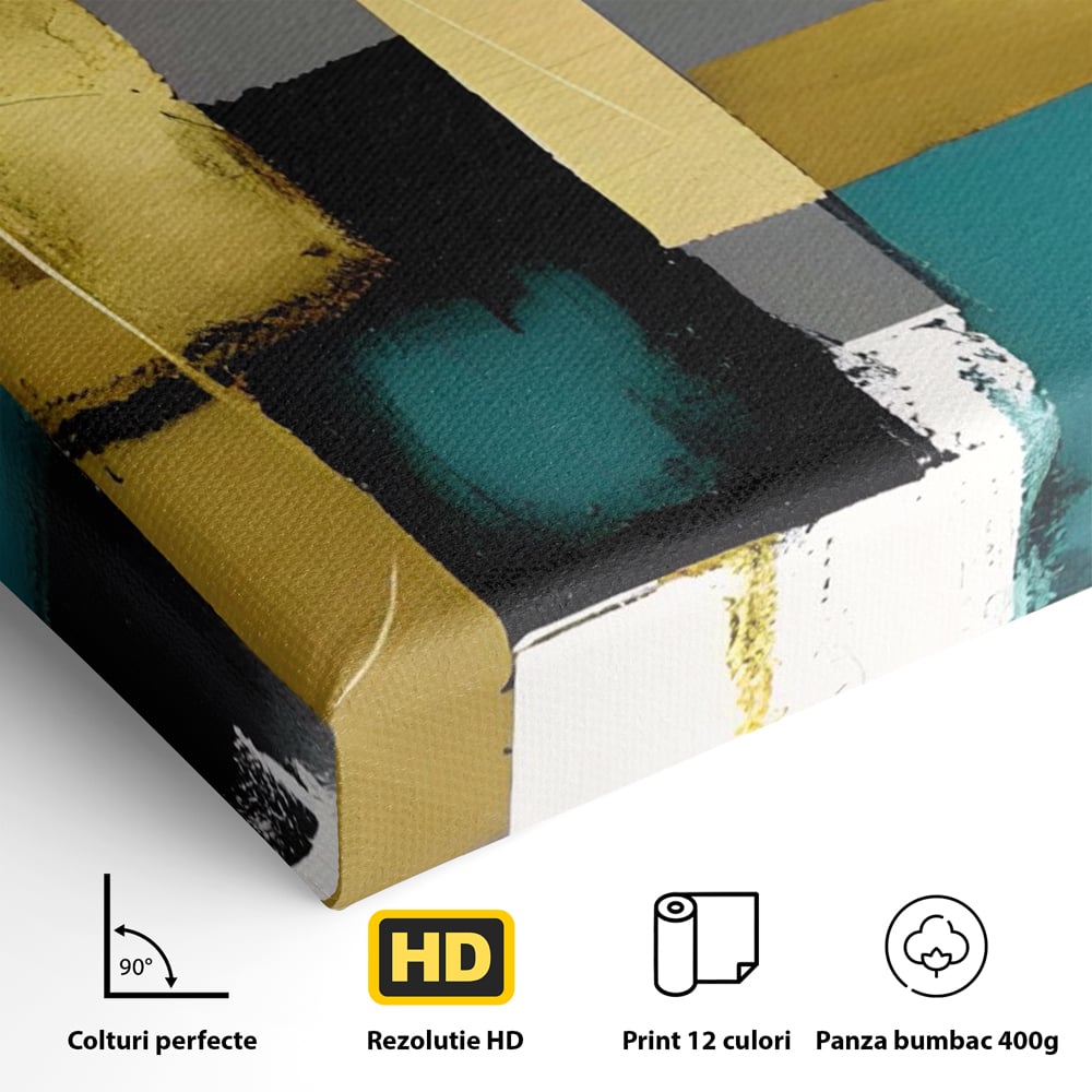 Tablou Canvas Premium LuxCanva® C1218, Abstract Painting Grey, Green And Gold , elaxare, Living Room, Culori Vibrante
