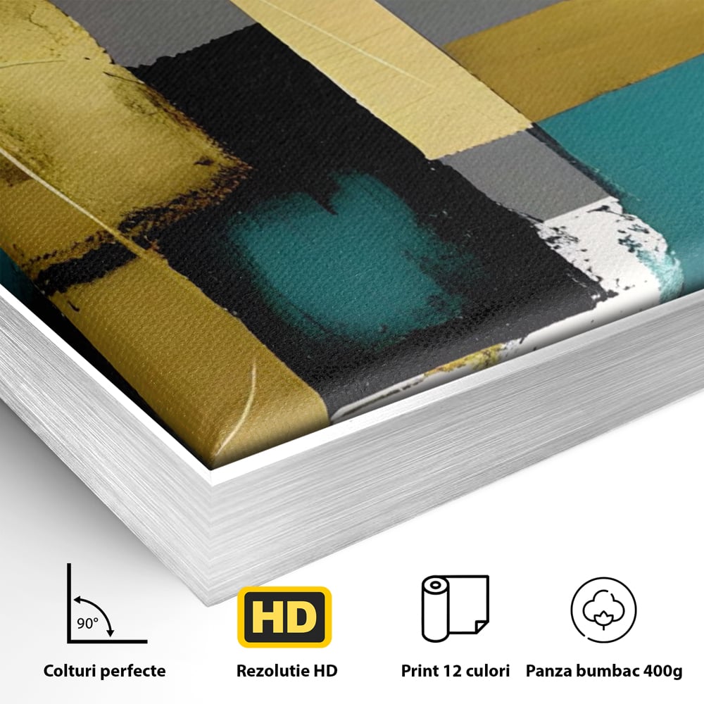Tablou Canvas Premium LuxCanva® C1218, Abstract Painting Grey, Green And Gold , elaxare, Living Room, Culori Vibrante
