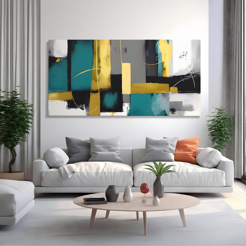 Tablou Canvas Premium LuxCanva® C1218, Abstract Painting Grey, Green And Gold , elaxare, Living Room, Culori Vibrante