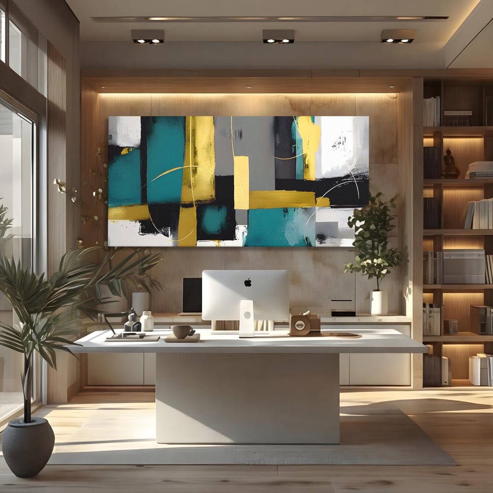 Tablou Canvas Premium LuxCanva® C1218, Abstract Painting Grey, Green And Gold , elaxare, Living Room, Culori Vibrante