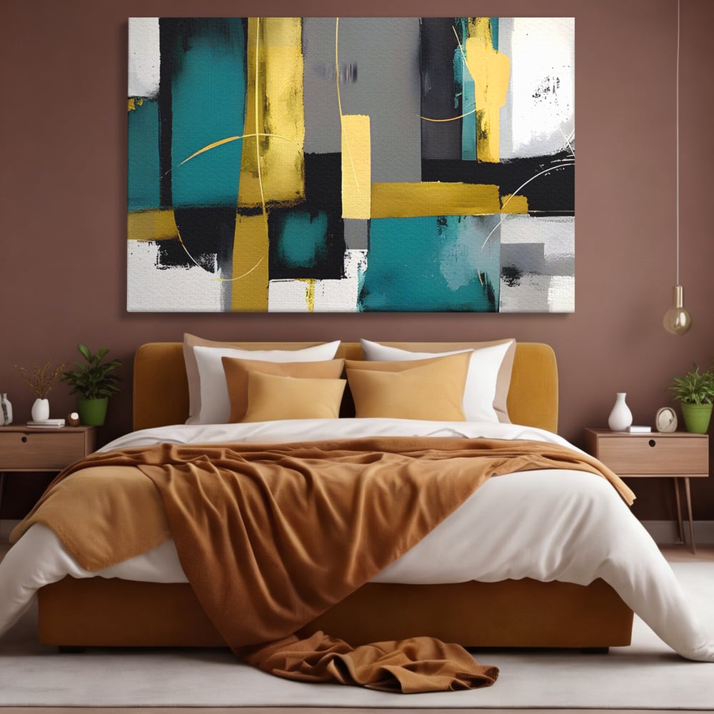 Tablou Canvas Premium LuxCanva® C1218, Abstract Painting Grey, Green And Gold , elaxare, Living Room, Culori Vibrante