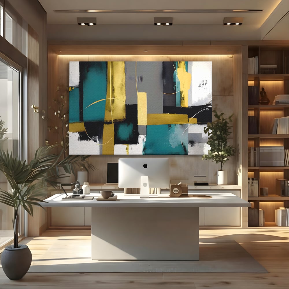 Tablou Canvas Premium LuxCanva® C1218, Abstract Painting Grey, Green And Gold , elaxare, Living Room, Culori Vibrante