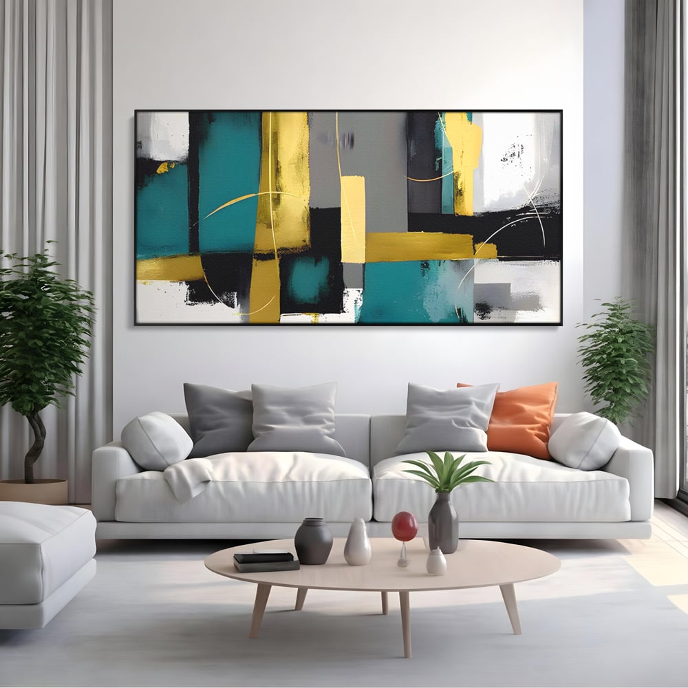 Tablou Canvas Premium LuxCanva® C1218, Abstract Painting Grey, Green And Gold , elaxare, Living Room, Culori Vibrante