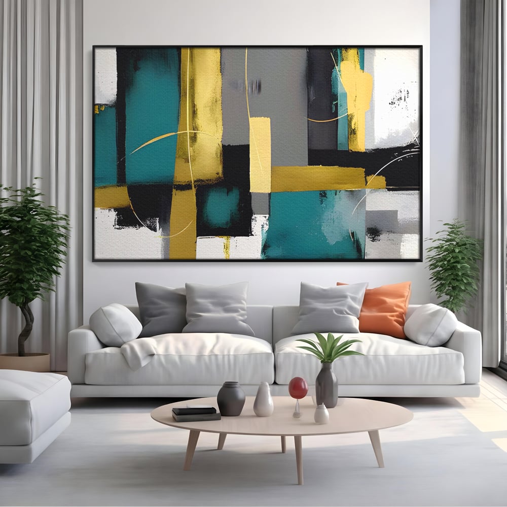 Tablou Canvas Premium LuxCanva® C1218, Abstract Painting Grey, Green And Gold , elaxare, Living Room, Culori Vibrante