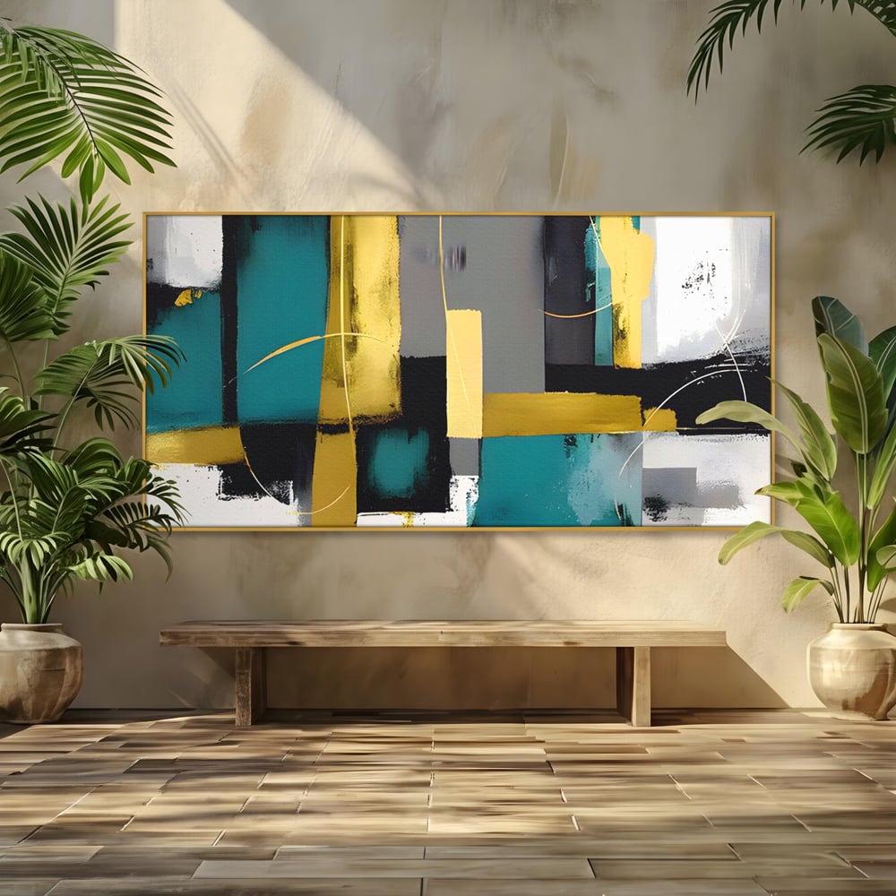Tablou Canvas Premium LuxCanva® C1218, Abstract Painting Grey, Green And Gold , elaxare, Living Room, Culori Vibrante