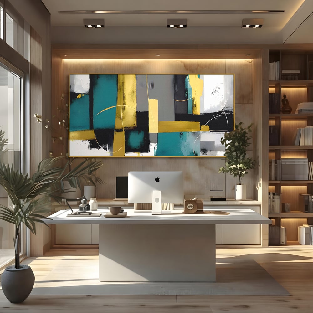 Tablou Canvas Premium LuxCanva® C1218, Abstract Painting Grey, Green And Gold , elaxare, Living Room, Culori Vibrante