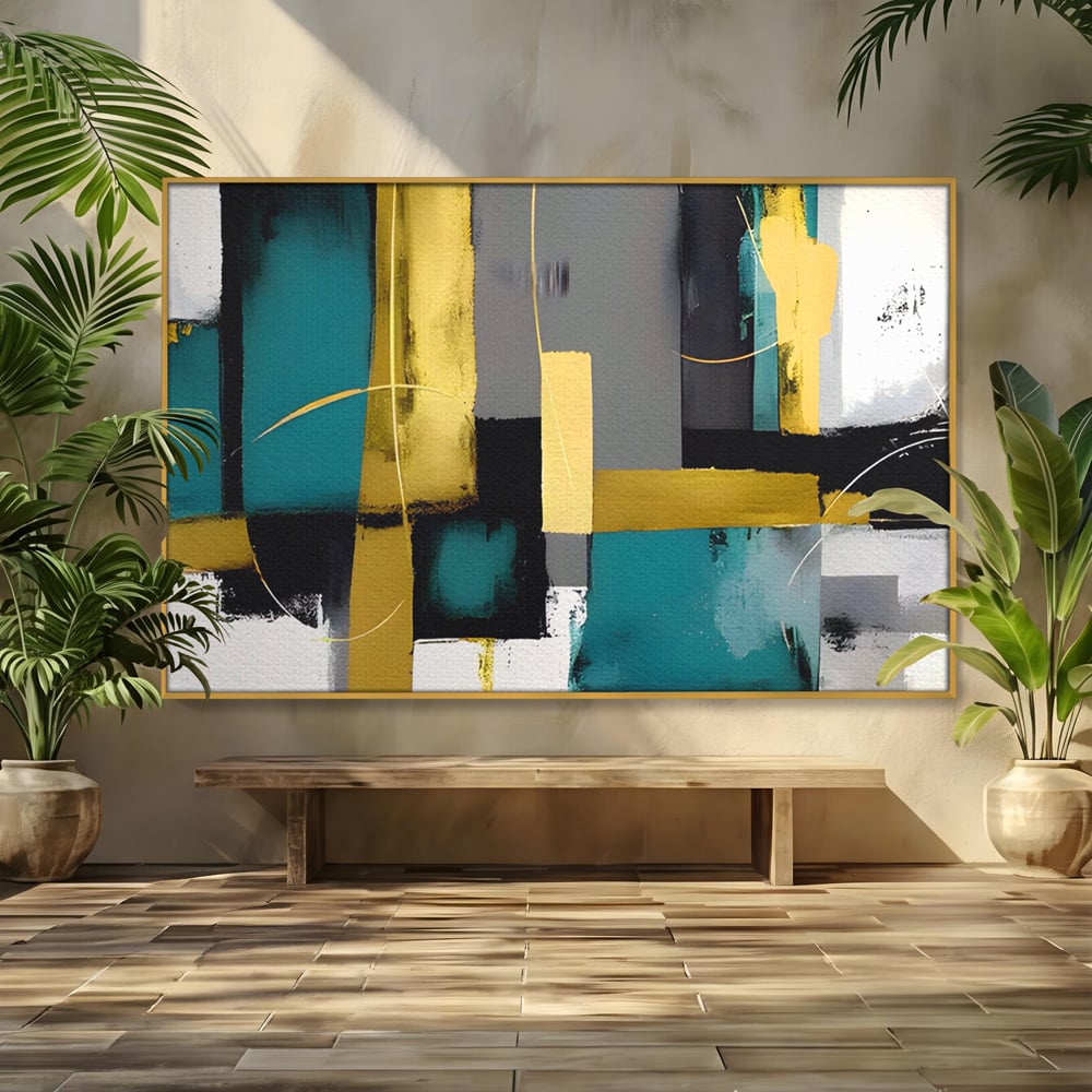 Tablou Canvas Premium LuxCanva® C1218, Abstract Painting Grey, Green And Gold , elaxare, Living Room, Culori Vibrante