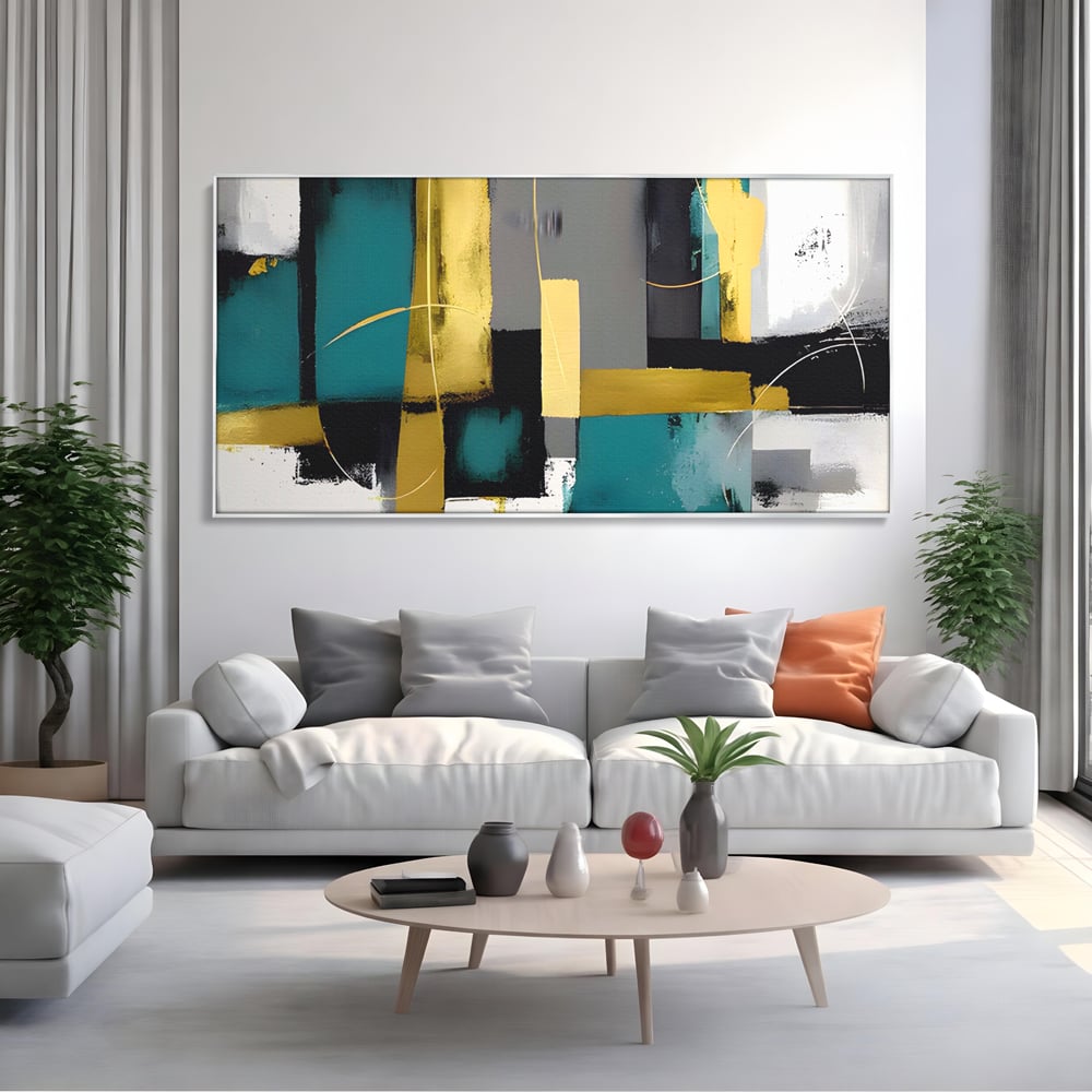 Tablou Canvas Premium LuxCanva® C1218, Abstract Painting Grey, Green And Gold , elaxare, Living Room, Culori Vibrante