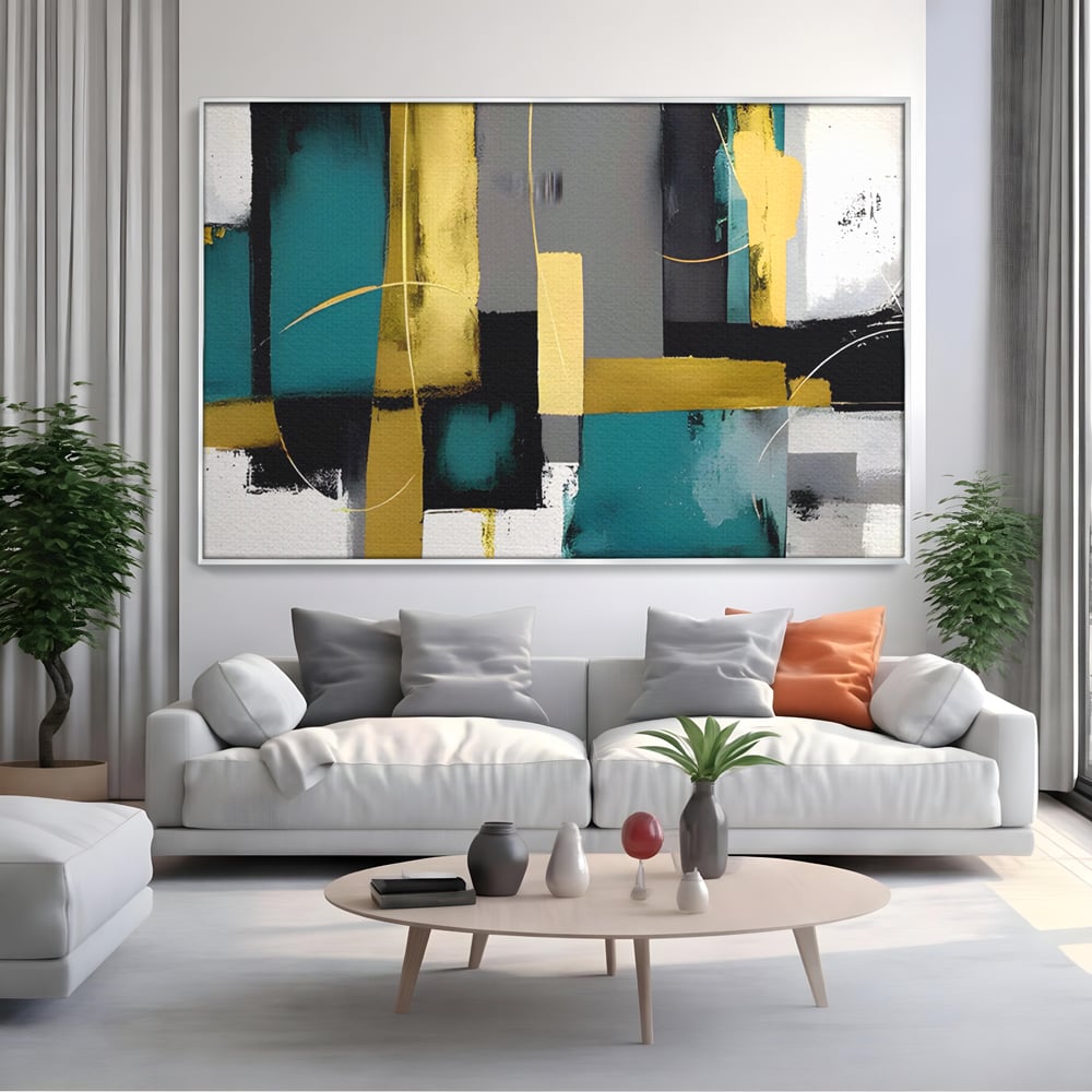 Tablou Canvas Premium LuxCanva® C1218, Abstract Painting Grey, Green And Gold , elaxare, Living Room, Culori Vibrante