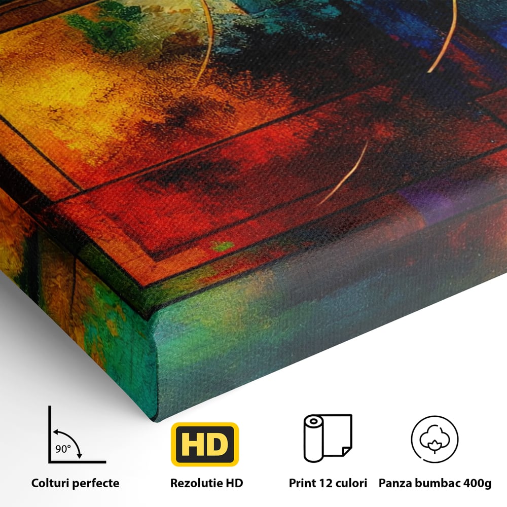 Tablou Canvas Premium, LuxCanva® C1271, Cercul focului, Geometrie, Culori, Cromatic, Joc, Univers, Emotie, Tensiune, Caldura, Flux, Transformare, Metamorfoza, Dorinta, Birou, Living, Dormitor