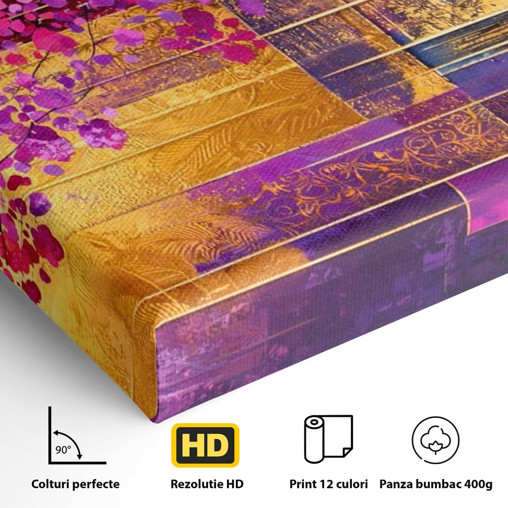 Leinwand Premium Canvas Wall Art, LuxCanva® C1275, Garten zwischen den Linien, Geometrie, Lila, Rosa, Abstrakt, Abstrakt, Magenta, Linien, Textur, Harmonie, Geheimnis, Licht, Eleganz, Lila, Gold, Büro, Wohnzimmer, Schlafzimmer