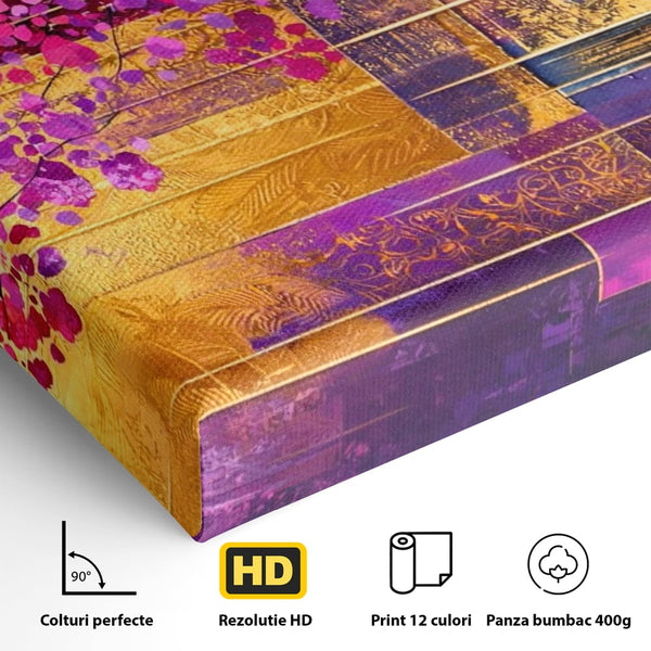 Leinwand Premium Canvas Wall Art, LuxCanva® C1275, Garten zwischen den Linien, Geometrie, Lila, Rosa, Abstrakt, Abstrakt, Magenta, Linien, Textur, Harmonie, Geheimnis, Licht, Eleganz, Lila, Gold, Büro, Wohnzimmer, Schlafzimmer