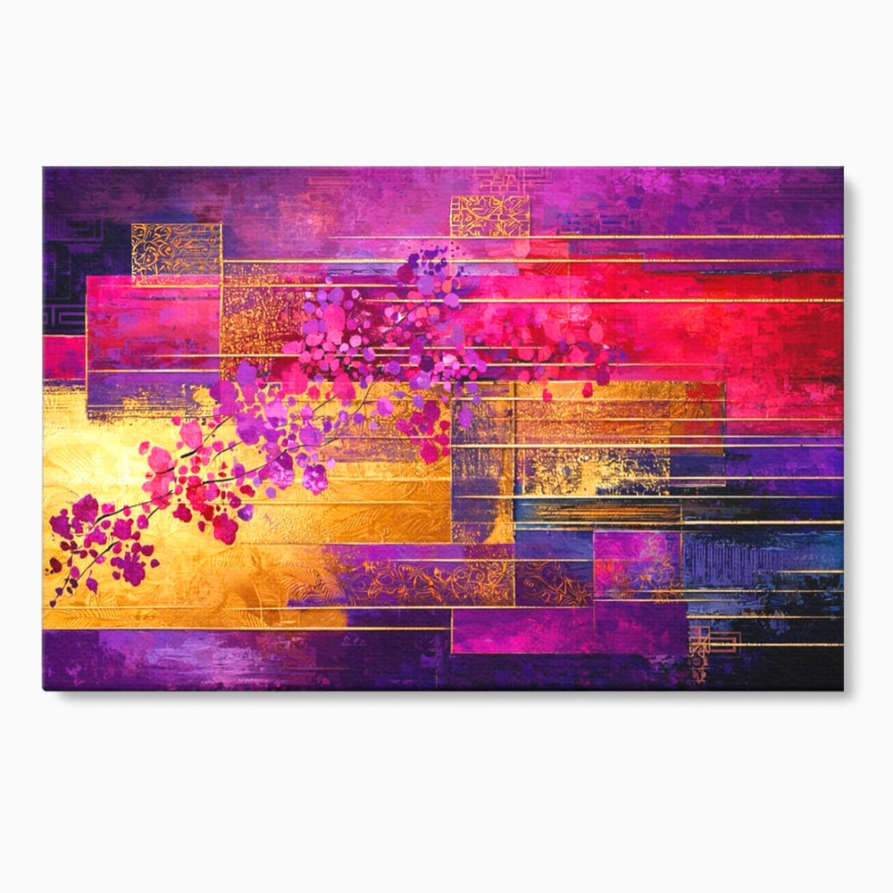 Leinwand Premium Canvas Wall Art, LuxCanva® C1275, Garten zwischen den Linien, Geometrie, Lila, Rosa, Abstrakt, Abstrakt, Magenta, Linien, Textur, Harmonie, Geheimnis, Licht, Eleganz, Lila, Gold, Büro, Wohnzimmer, Schlafzimmer