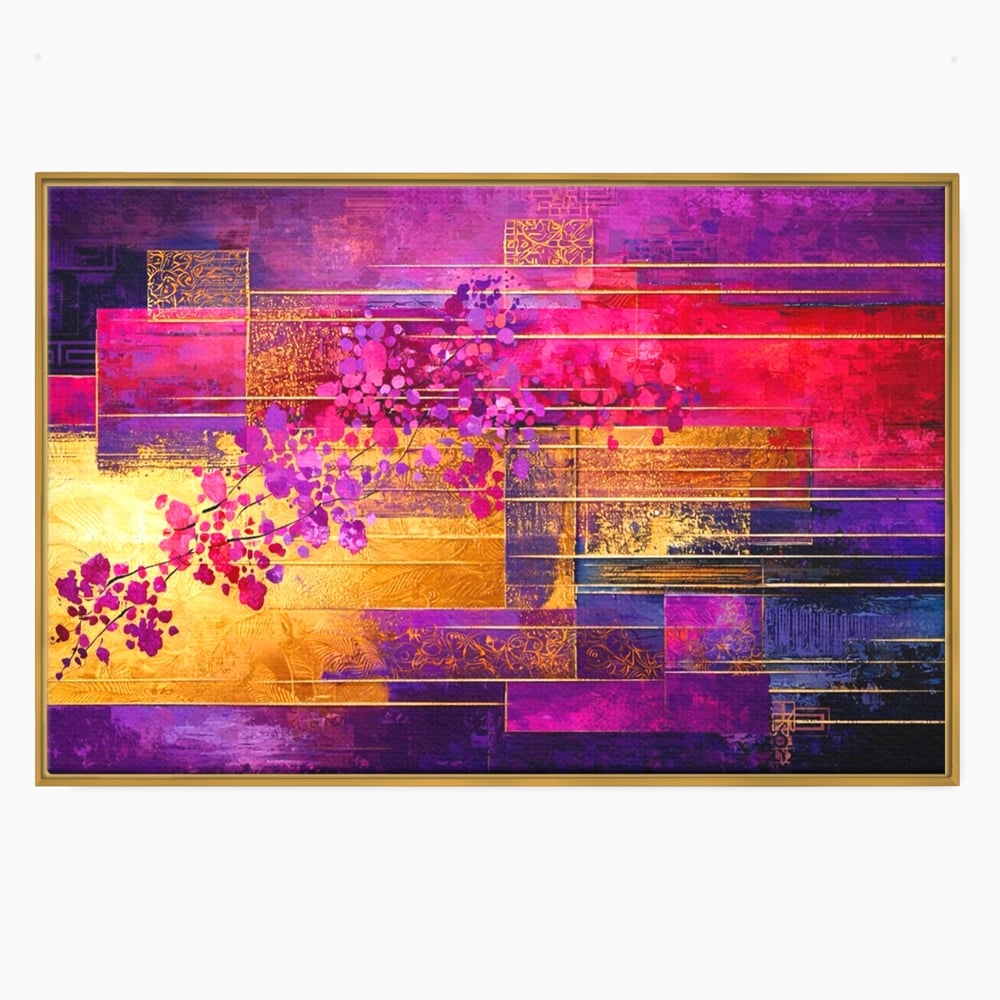 Leinwand Premium Canvas Wall Art, LuxCanva® C1275, Garten zwischen den Linien, Geometrie, Lila, Rosa, Abstrakt, Abstrakt, Magenta, Linien, Textur, Harmonie, Geheimnis, Licht, Eleganz, Lila, Gold, Büro, Wohnzimmer, Schlafzimmer