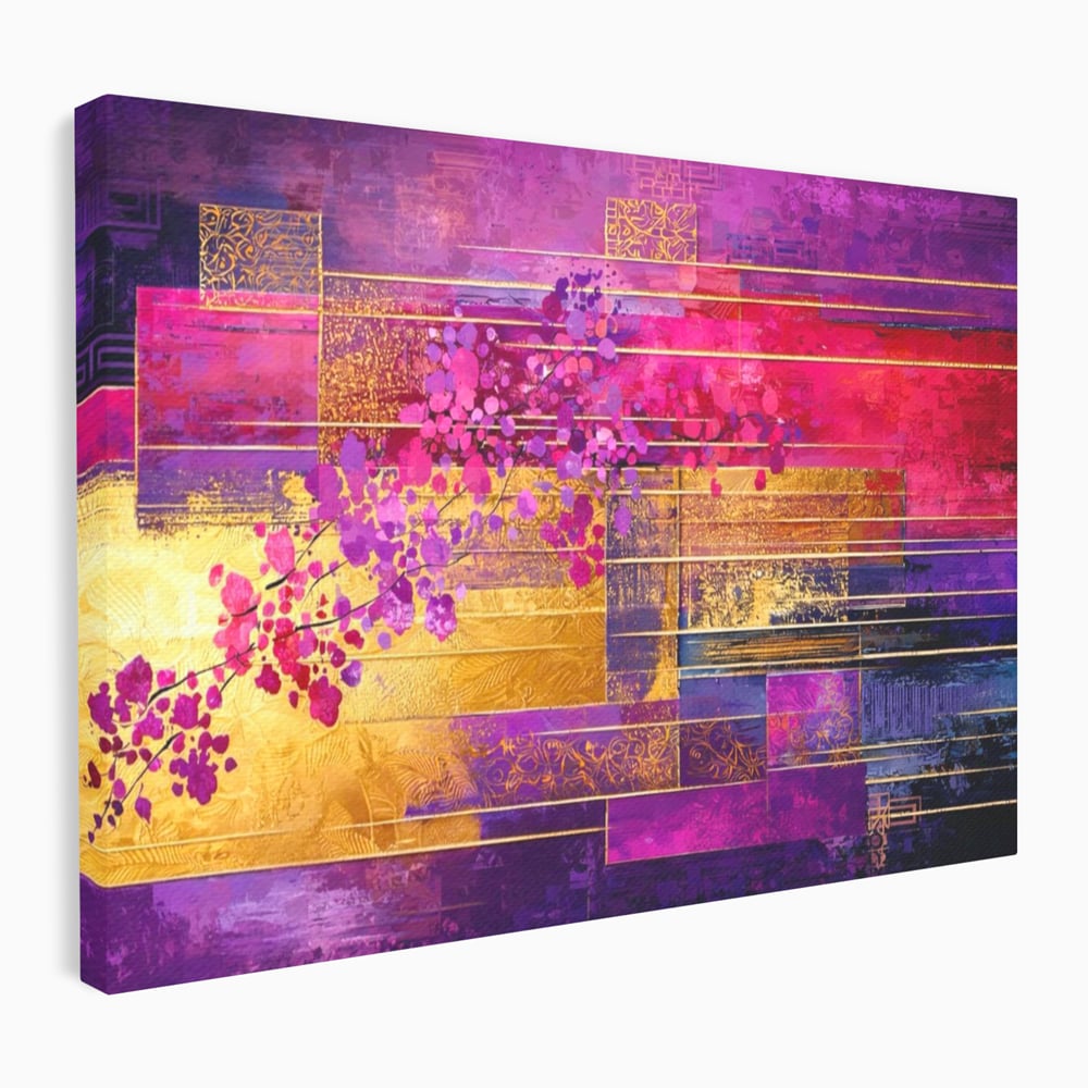 Leinwand Premium Canvas Wall Art, LuxCanva® C1275, Garten zwischen den Linien, Geometrie, Lila, Rosa, Abstrakt, Abstrakt, Magenta, Linien, Textur, Harmonie, Geheimnis, Licht, Eleganz, Lila, Gold, Büro, Wohnzimmer, Schlafzimmer