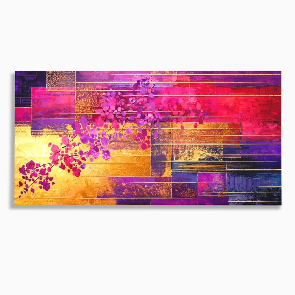 Leinwand Premium Canvas Wall Art, LuxCanva® C1275, Garten zwischen den Linien, Geometrie, Lila, Rosa, Abstrakt, Abstrakt, Magenta, Linien, Textur, Harmonie, Geheimnis, Licht, Eleganz, Lila, Gold, Büro, Wohnzimmer, Schlafzimmer