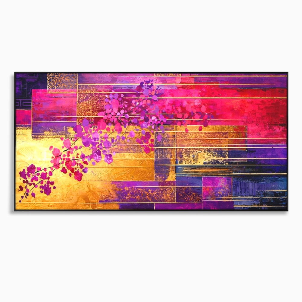 Leinwand Premium Canvas Wall Art, LuxCanva® C1275, Garten zwischen den Linien, Geometrie, Lila, Rosa, Abstrakt, Abstrakt, Magenta, Linien, Textur, Harmonie, Geheimnis, Licht, Eleganz, Lila, Gold, Büro, Wohnzimmer, Schlafzimmer