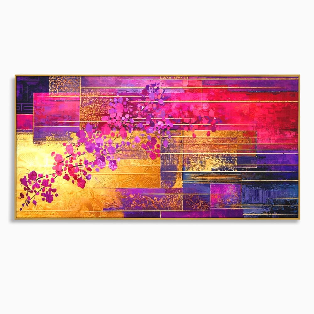 Leinwand Premium Canvas Wall Art, LuxCanva® C1275, Garten zwischen den Linien, Geometrie, Lila, Rosa, Abstrakt, Abstrakt, Magenta, Linien, Textur, Harmonie, Geheimnis, Licht, Eleganz, Lila, Gold, Büro, Wohnzimmer, Schlafzimmer