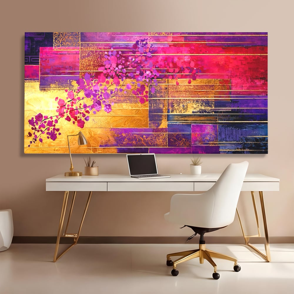 Leinwand Premium Canvas Wall Art, LuxCanva® C1275, Garten zwischen den Linien, Geometrie, Lila, Rosa, Abstrakt, Abstrakt, Magenta, Linien, Textur, Harmonie, Geheimnis, Licht, Eleganz, Lila, Gold, Büro, Wohnzimmer, Schlafzimmer