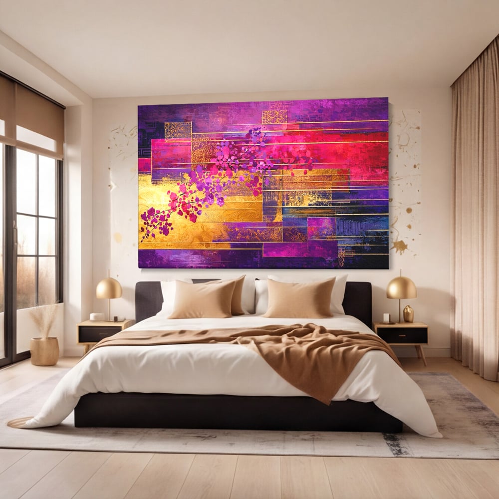 Leinwand Premium Canvas Wall Art, LuxCanva® C1275, Garten zwischen den Linien, Geometrie, Lila, Rosa, Abstrakt, Abstrakt, Magenta, Linien, Textur, Harmonie, Geheimnis, Licht, Eleganz, Lila, Gold, Büro, Wohnzimmer, Schlafzimmer