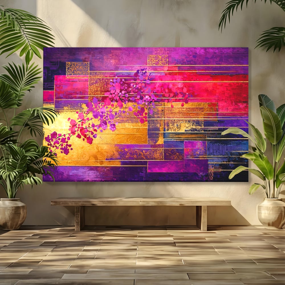 Leinwand Premium Canvas Wall Art, LuxCanva® C1275, Garten zwischen den Linien, Geometrie, Lila, Rosa, Abstrakt, Abstrakt, Magenta, Linien, Textur, Harmonie, Geheimnis, Licht, Eleganz, Lila, Gold, Büro, Wohnzimmer, Schlafzimmer