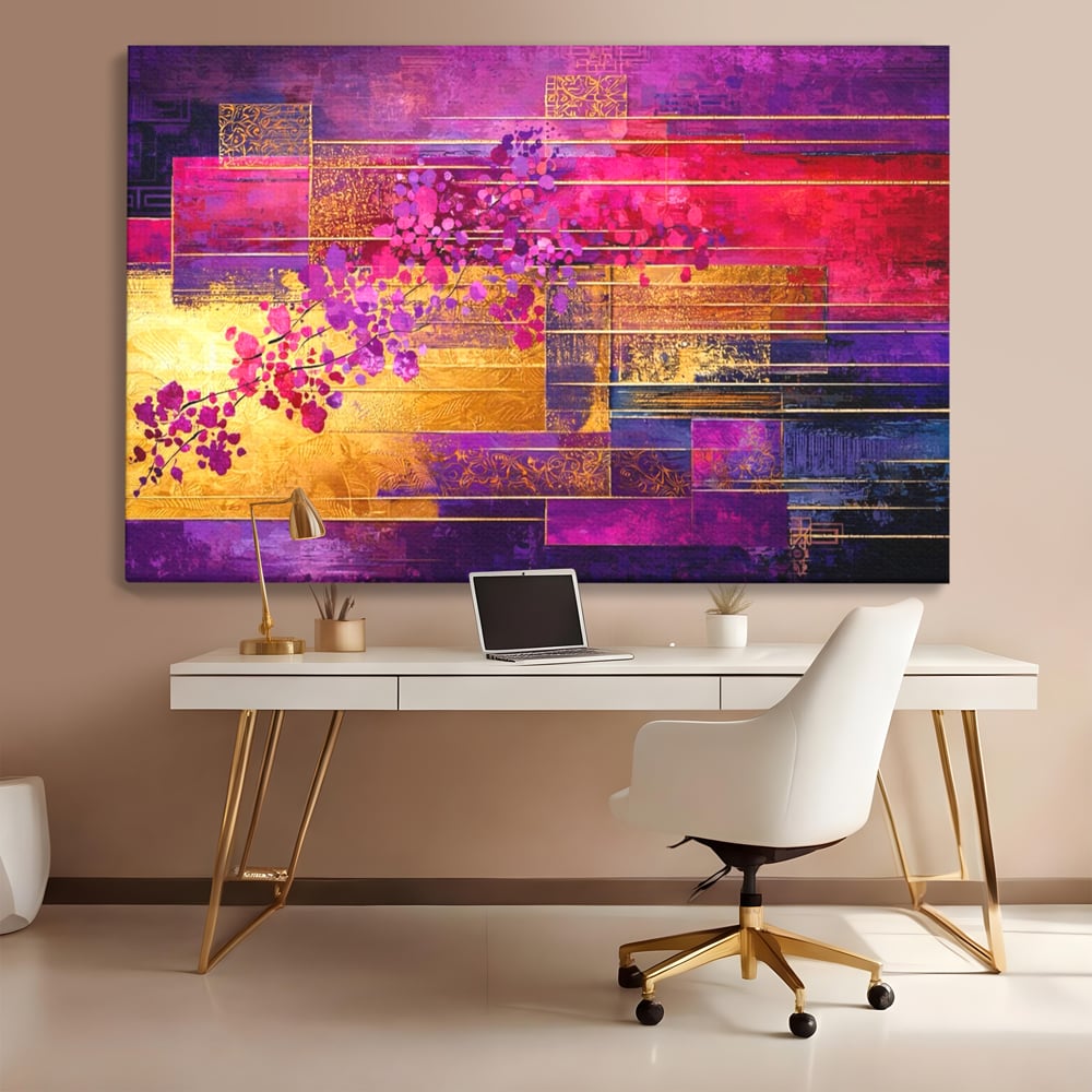 Leinwand Premium Canvas Wall Art, LuxCanva® C1275, Garten zwischen den Linien, Geometrie, Lila, Rosa, Abstrakt, Abstrakt, Magenta, Linien, Textur, Harmonie, Geheimnis, Licht, Eleganz, Lila, Gold, Büro, Wohnzimmer, Schlafzimmer