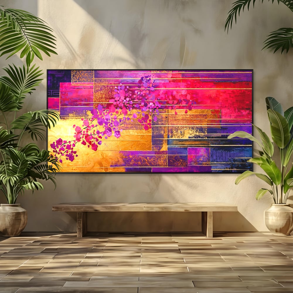 Leinwand Premium Canvas Wall Art, LuxCanva® C1275, Garten zwischen den Linien, Geometrie, Lila, Rosa, Abstrakt, Abstrakt, Magenta, Linien, Textur, Harmonie, Geheimnis, Licht, Eleganz, Lila, Gold, Büro, Wohnzimmer, Schlafzimmer
