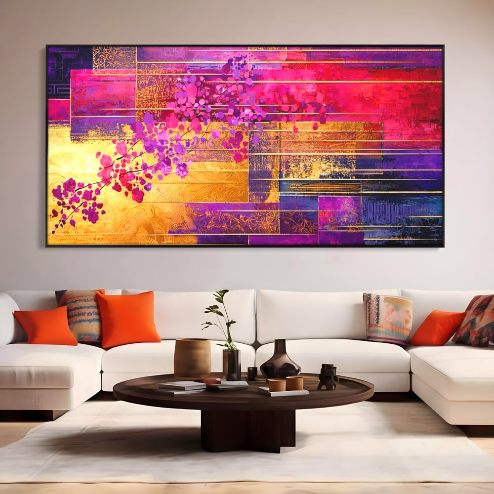 Leinwand Premium Canvas Wall Art, LuxCanva® C1275, Garten zwischen den Linien, Geometrie, Lila, Rosa, Abstrakt, Abstrakt, Magenta, Linien, Textur, Harmonie, Geheimnis, Licht, Eleganz, Lila, Gold, Büro, Wohnzimmer, Schlafzimmer