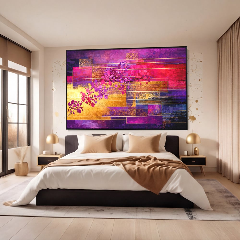 Leinwand Premium Canvas Wall Art, LuxCanva® C1275, Garten zwischen den Linien, Geometrie, Lila, Rosa, Abstrakt, Abstrakt, Magenta, Linien, Textur, Harmonie, Geheimnis, Licht, Eleganz, Lila, Gold, Büro, Wohnzimmer, Schlafzimmer