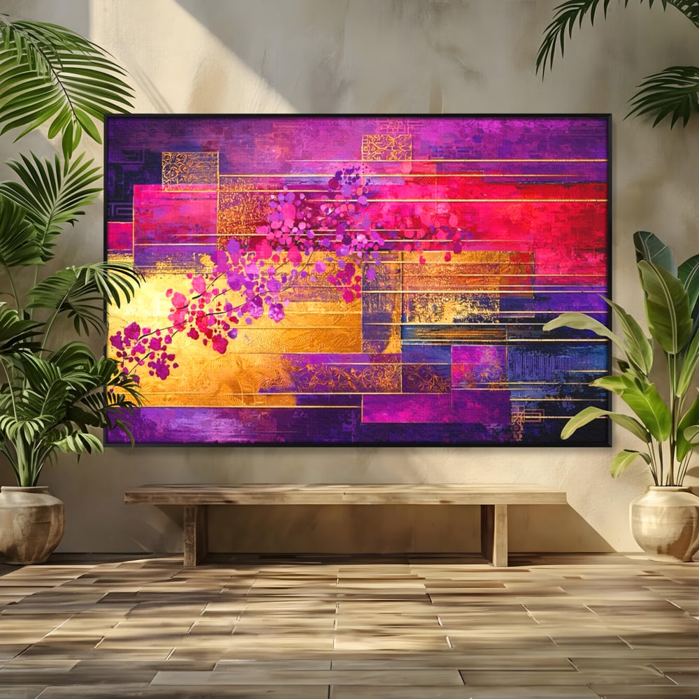 Leinwand Premium Canvas Wall Art, LuxCanva® C1275, Garten zwischen den Linien, Geometrie, Lila, Rosa, Abstrakt, Abstrakt, Magenta, Linien, Textur, Harmonie, Geheimnis, Licht, Eleganz, Lila, Gold, Büro, Wohnzimmer, Schlafzimmer