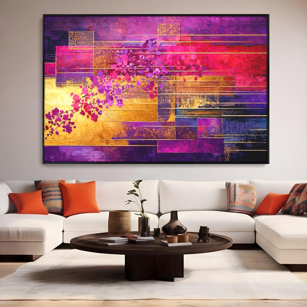 Leinwand Premium Canvas Wall Art, LuxCanva® C1275, Garten zwischen den Linien, Geometrie, Lila, Rosa, Abstrakt, Abstrakt, Magenta, Linien, Textur, Harmonie, Geheimnis, Licht, Eleganz, Lila, Gold, Büro, Wohnzimmer, Schlafzimmer