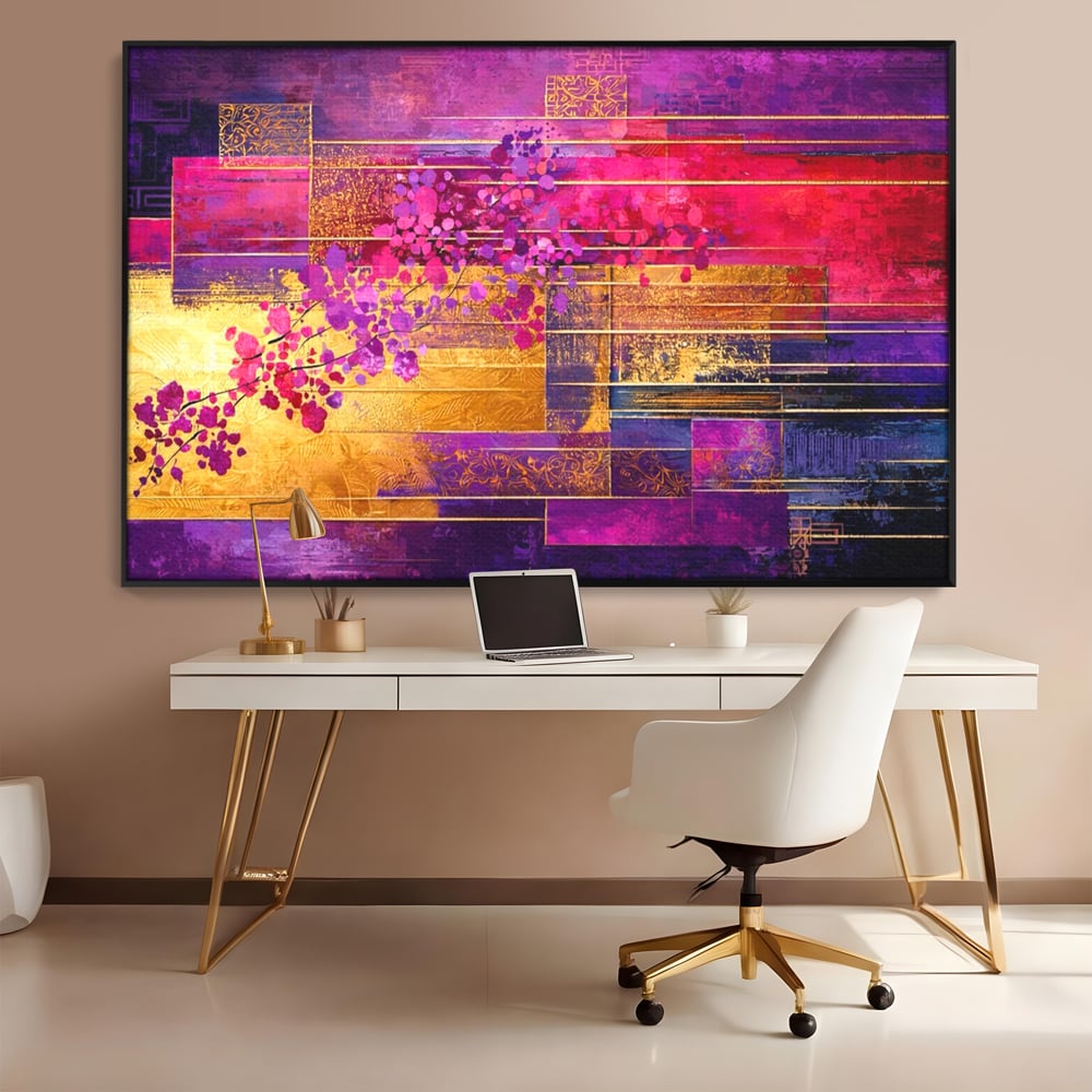 Leinwand Premium Canvas Wall Art, LuxCanva® C1275, Garten zwischen den Linien, Geometrie, Lila, Rosa, Abstrakt, Abstrakt, Magenta, Linien, Textur, Harmonie, Geheimnis, Licht, Eleganz, Lila, Gold, Büro, Wohnzimmer, Schlafzimmer