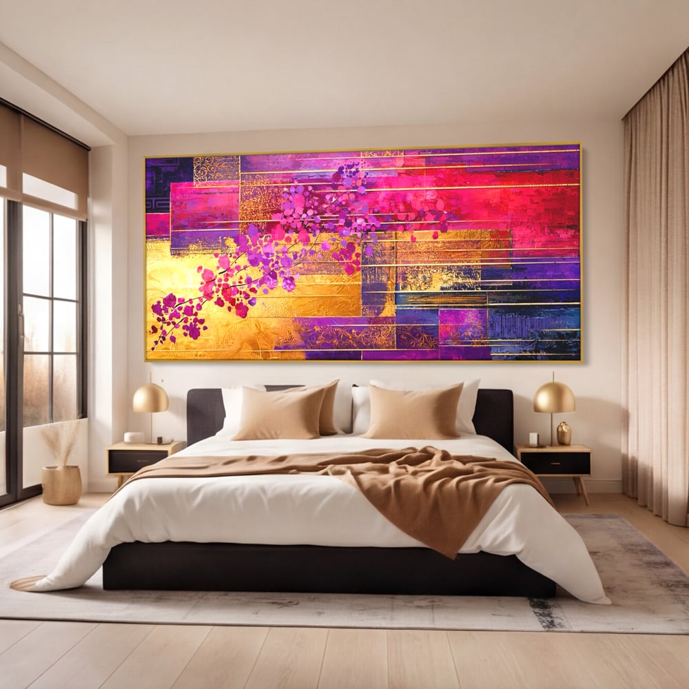 Leinwand Premium Canvas Wall Art, LuxCanva® C1275, Garten zwischen den Linien, Geometrie, Lila, Rosa, Abstrakt, Abstrakt, Magenta, Linien, Textur, Harmonie, Geheimnis, Licht, Eleganz, Lila, Gold, Büro, Wohnzimmer, Schlafzimmer