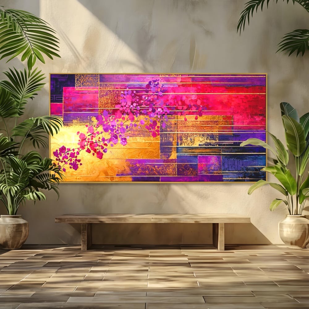Leinwand Premium Canvas Wall Art, LuxCanva® C1275, Garten zwischen den Linien, Geometrie, Lila, Rosa, Abstrakt, Abstrakt, Magenta, Linien, Textur, Harmonie, Geheimnis, Licht, Eleganz, Lila, Gold, Büro, Wohnzimmer, Schlafzimmer