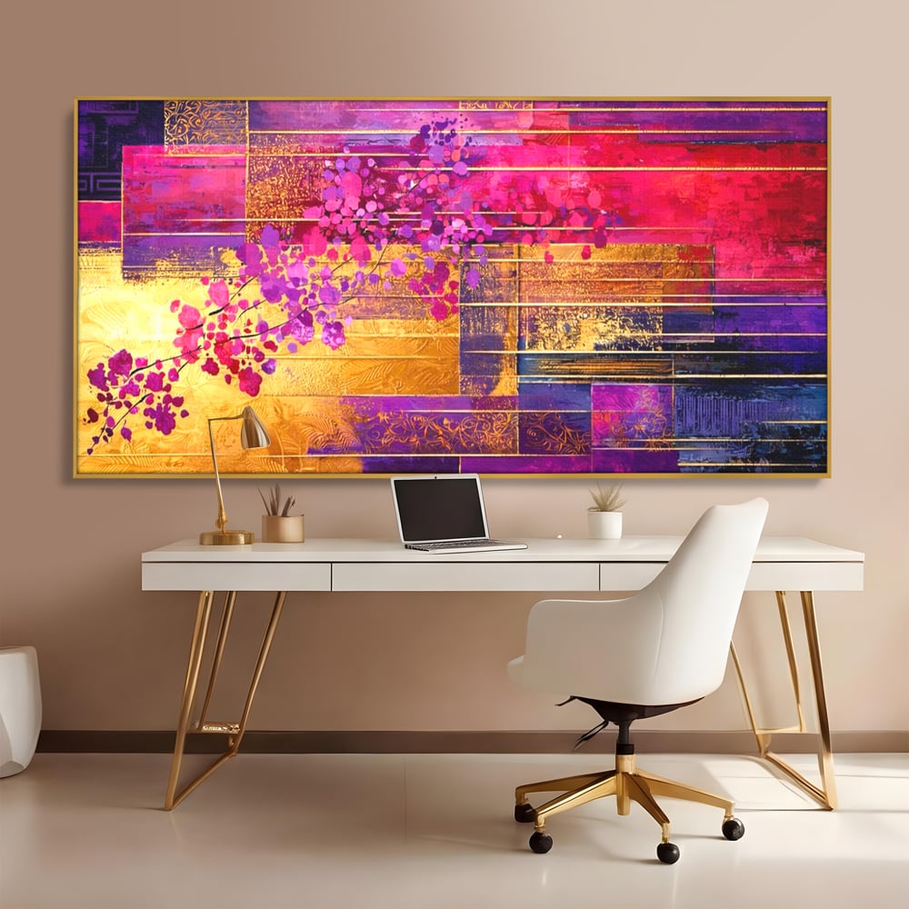 Leinwand Premium Canvas Wall Art, LuxCanva® C1275, Garten zwischen den Linien, Geometrie, Lila, Rosa, Abstrakt, Abstrakt, Magenta, Linien, Textur, Harmonie, Geheimnis, Licht, Eleganz, Lila, Gold, Büro, Wohnzimmer, Schlafzimmer