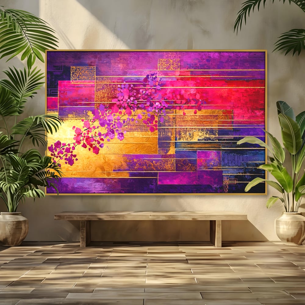 Leinwand Premium Canvas Wall Art, LuxCanva® C1275, Garten zwischen den Linien, Geometrie, Lila, Rosa, Abstrakt, Abstrakt, Magenta, Linien, Textur, Harmonie, Geheimnis, Licht, Eleganz, Lila, Gold, Büro, Wohnzimmer, Schlafzimmer