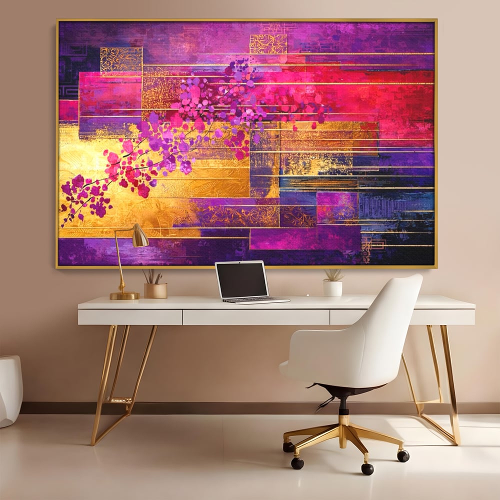 Leinwand Premium Canvas Wall Art, LuxCanva® C1275, Garten zwischen den Linien, Geometrie, Lila, Rosa, Abstrakt, Abstrakt, Magenta, Linien, Textur, Harmonie, Geheimnis, Licht, Eleganz, Lila, Gold, Büro, Wohnzimmer, Schlafzimmer
