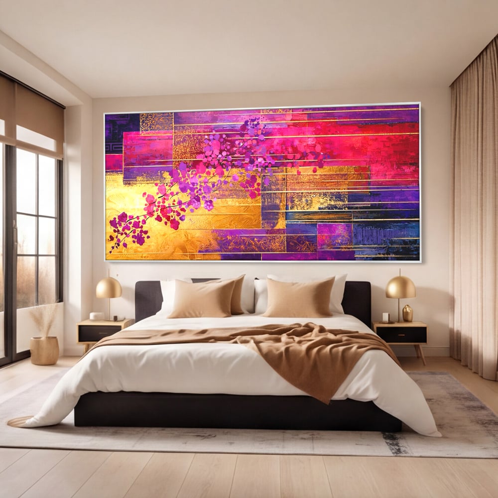Leinwand Premium Canvas Wall Art, LuxCanva® C1275, Garten zwischen den Linien, Geometrie, Lila, Rosa, Abstrakt, Abstrakt, Magenta, Linien, Textur, Harmonie, Geheimnis, Licht, Eleganz, Lila, Gold, Büro, Wohnzimmer, Schlafzimmer