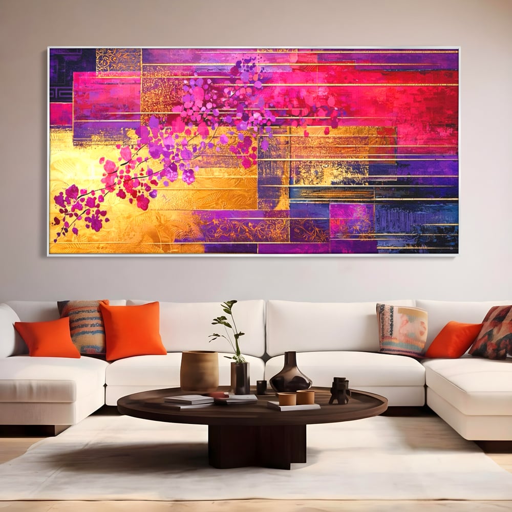 Leinwand Premium Canvas Wall Art, LuxCanva® C1275, Garten zwischen den Linien, Geometrie, Lila, Rosa, Abstrakt, Abstrakt, Magenta, Linien, Textur, Harmonie, Geheimnis, Licht, Eleganz, Lila, Gold, Büro, Wohnzimmer, Schlafzimmer