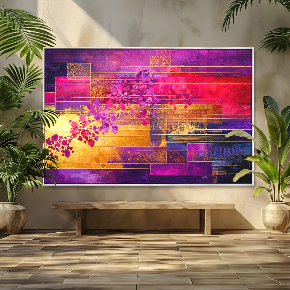 Leinwand Premium Canvas Wall Art, LuxCanva® C1275, Garten zwischen den Linien, Geometrie, Lila, Rosa, Abstrakt, Abstrakt, Magenta, Linien, Textur, Harmonie, Geheimnis, Licht, Eleganz, Lila, Gold, Büro, Wohnzimmer, Schlafzimmer